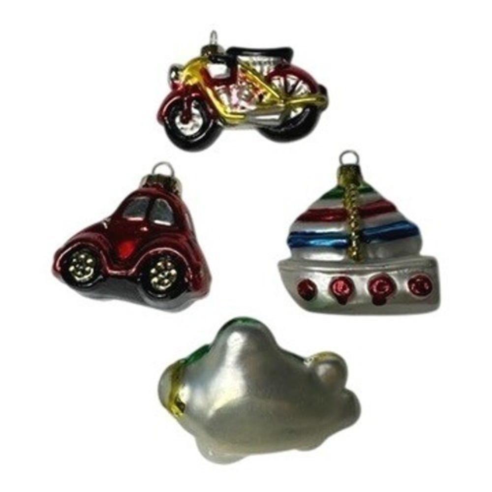4 Glass Ornaments Motorcycle Car Sailboat Airplane Christmas Holiday Decor Set‎ - Picture 3 of 8